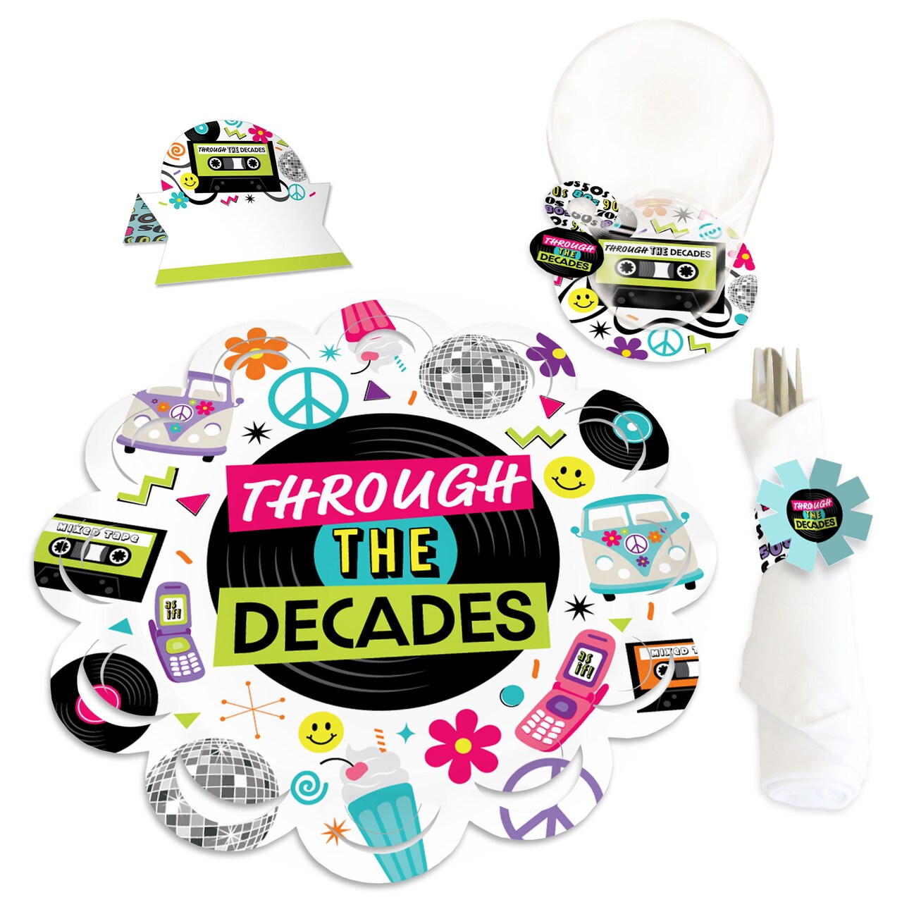 Big Dot of Happiness Through the Decades - 50s, 60s, 70s, 80s, and 90s Party Paper Charger and Table Decorations - Chargerific Kit Place Setting for 8